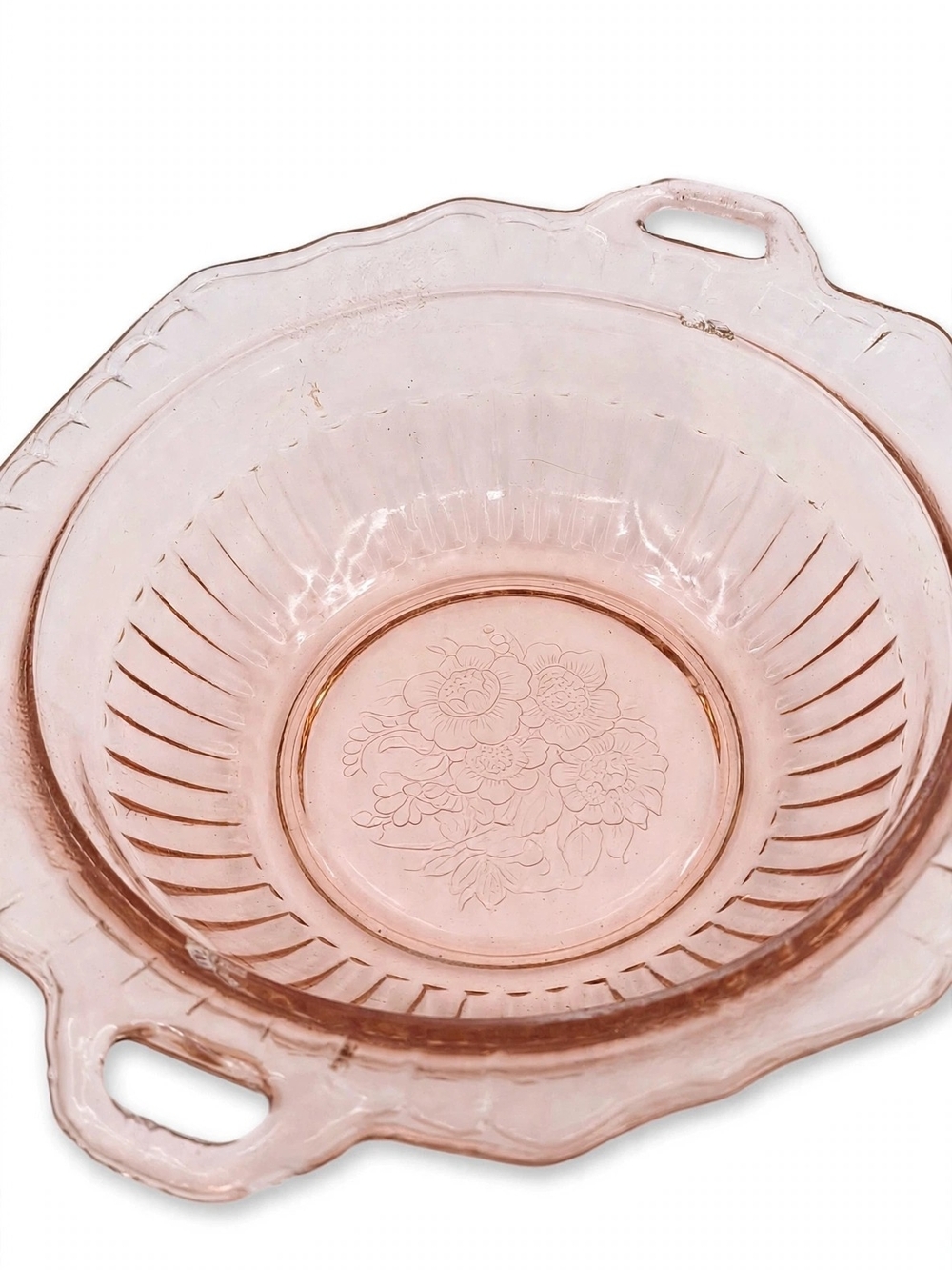 Vintage Pink Glass Serving Bowl with Floral Etching and Handles